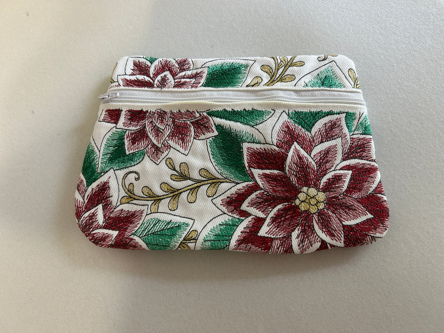 Poinsettia Embroidered Zipper Pouch