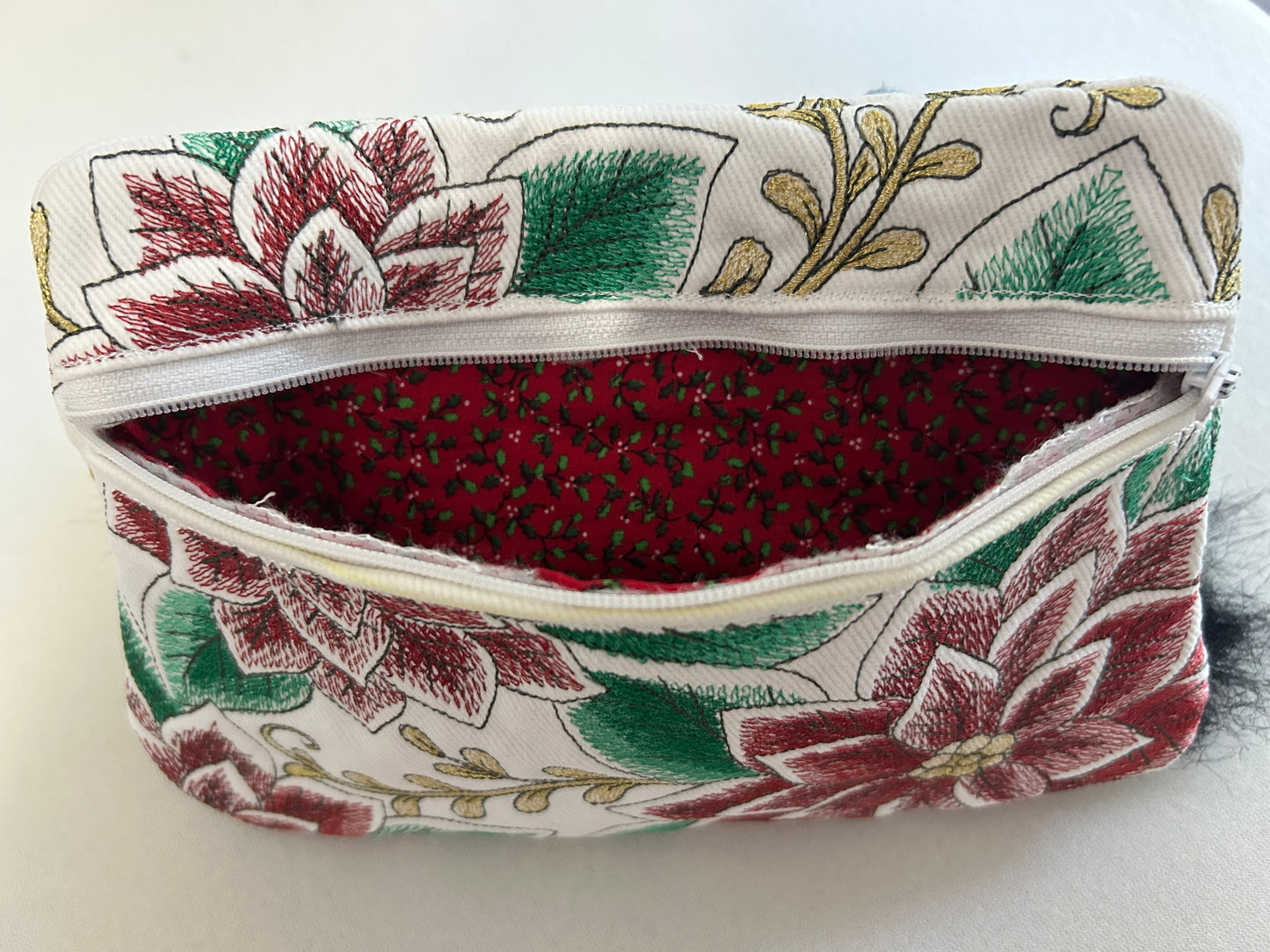 Poinsettia Embroidered Zipper Pouch